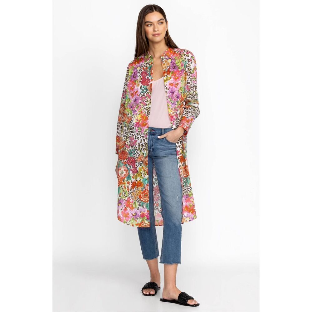 Johnny Was Multi-Color Floral & Leopard Print Button-Down Shirt